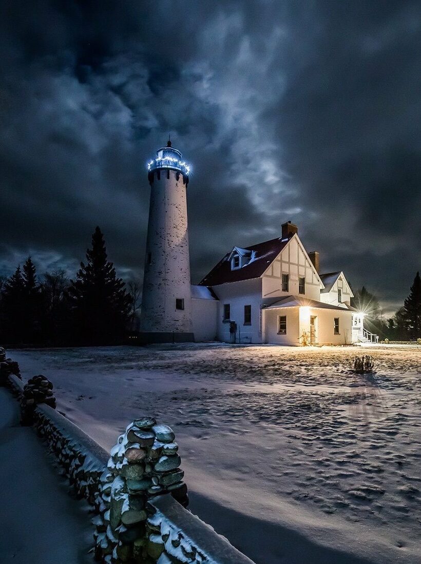 Point Iroquois Lighthouse in winter snow