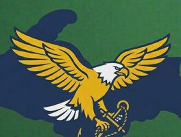 Rachel Keys campaign logo: a gold eagle holding an anchor over the Upper Peninsula